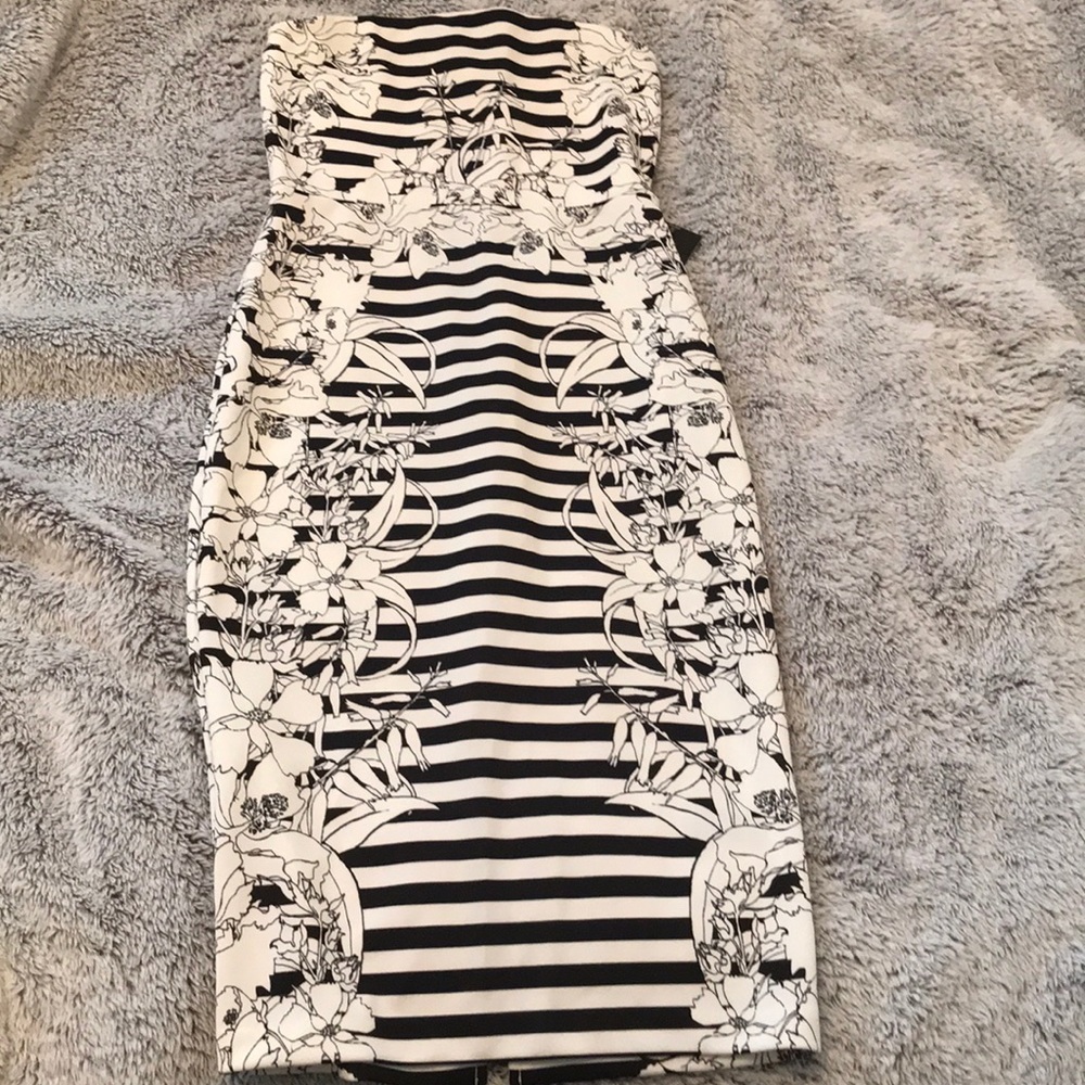 Express striped mid length strapless dress.